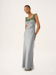 Chloe Women's 26s Grey-blue Satin Lace Dress New Spring/summer Collection Sweet And Elegant Straight-cut Maxi Dress Lady #197367