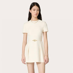 Valentino Women's Summer Solid Color Logo Logo High Waist Slim Wool Short Sleeve Dresses #73356