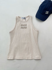 MiuMiu Women's Summer Solid Color Embroidery Beaded Letter Print Round Neck Sleeveless Tank Top Vest #75116