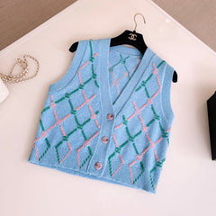 Chanel Women's Spring and Autumn Plaid Cashmere Crochet Two-color Knit Single-breasted Vest Jacket #73197