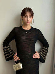 Chanel Women's Fall And Winter Embroidery Slightly Transparent Knitted Dress Butterfly Elegant Long-sleeved Mid-length Dresses Thin Temperament Ngvp #2626