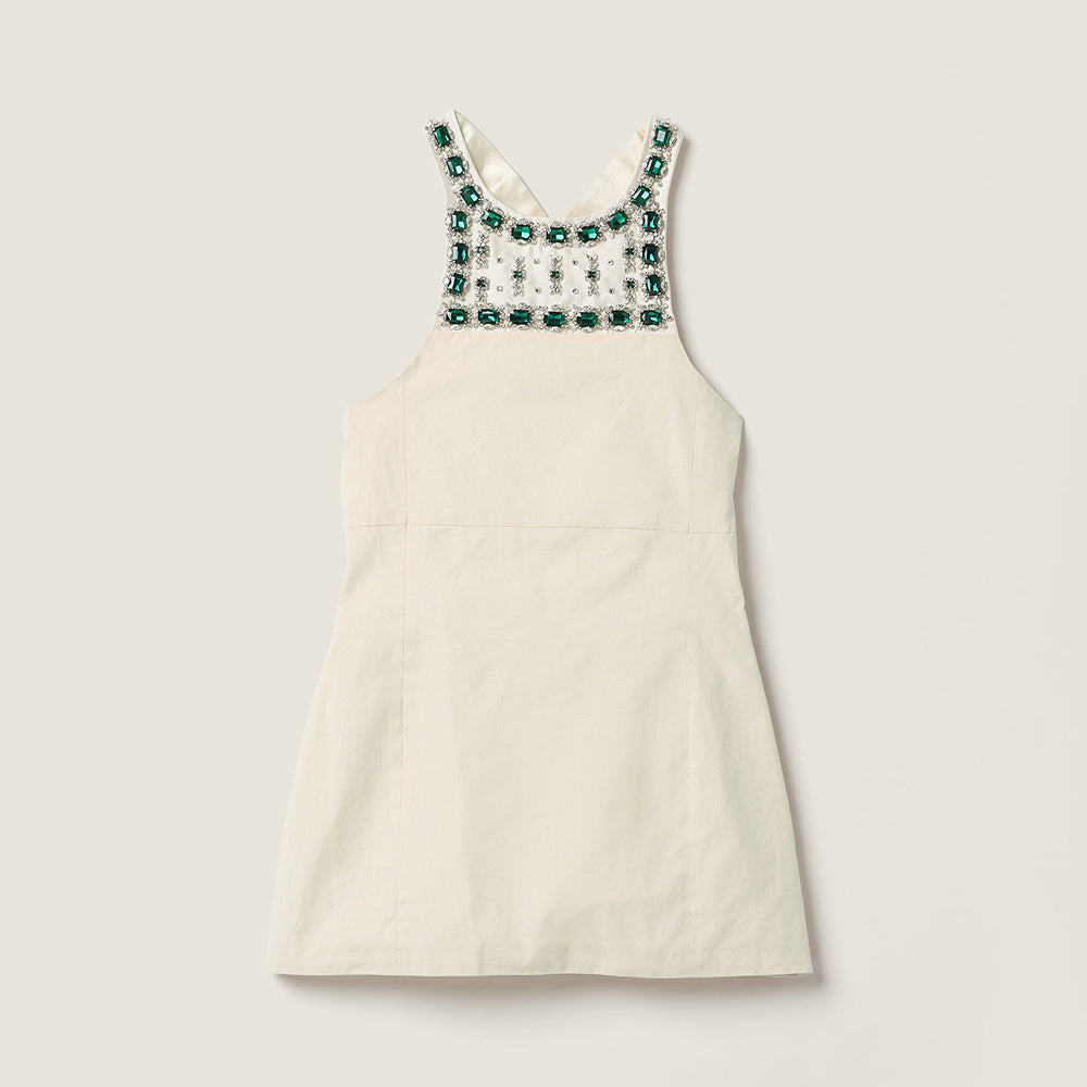 MiuMiu Women's New Spring/summer Ecru Embellished Canvas Apron Dress Hand-beaded Tailored Sleeveless Fitted Dress Lady #84446A