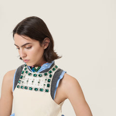 MiuMiu Women's New Spring/summer Ecru Embellished Canvas Apron Dress Hand-beaded Tailored Sleeveless Fitted Dress Lady #84446A
