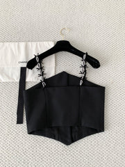 Chanel Women's Spring/Summer Waist-Defining Pearl Bow-Tie Strapless Tank Top Vest With Single-Breasted Corset-Style Front #192783