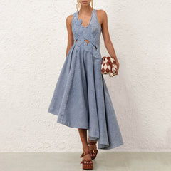 Zimmermann 2026 Spring/summer New Arrivals Alchemy Navy Blue Denim Dress Appliqu¨¦ Details And Knitted Spaghetti-strap Top Dress Lady #196834