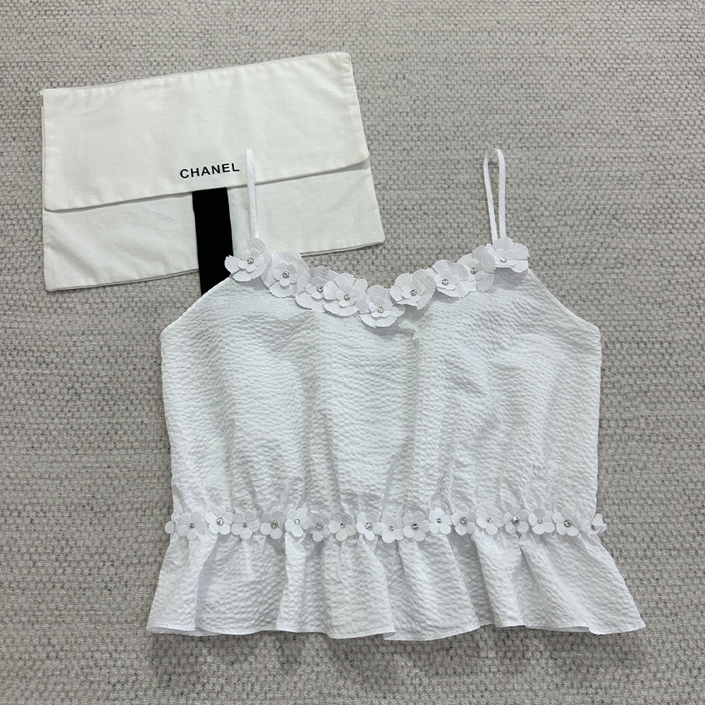 Chanel Women's Early Spring White 3d Floral Strapless Crop Lace-trim Top Elegant And Fashionable Blouse Vest Lady  #82596A