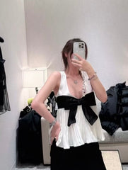 Chanel Women's Bow-Tie Low Round Neck Spring/Summer Solid Color Silk Sleeveless Tank Top Vest Ngvp #2588