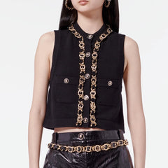 Chanel Women's Fall And Winter Fashion Antique Chain Single-Breasted Black And Gold Cashmere Knitted Tank Top Fitted Vest Ngvp #9316