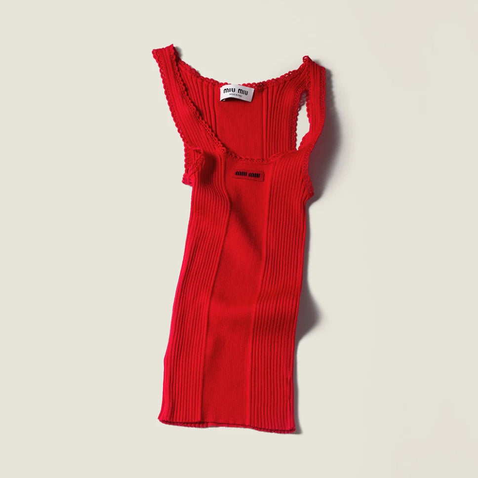 MiuMiu Women's Solid-Color Lace Knit Vest for Fall/Winter Stylish Layering Trend Retro-Chic Blouse #82439A