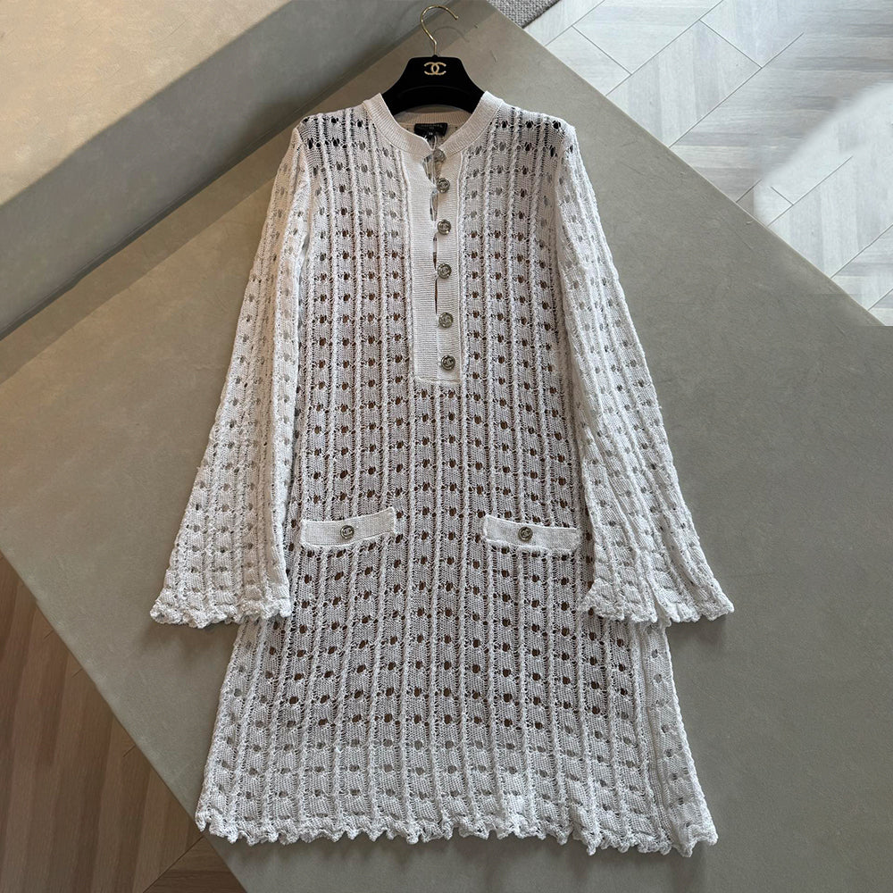 Chanel French Knit Dress  Women's Summer New Arrival Lace-Up Round Neck Loose-Fit Slimming Midi Dress #194284