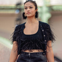 Chanel Women's High Street Spring And Summer Solid Color Feather Hot Drill U Neck Cotton Silk Sleeveless Pullover Undershirts Vest Ngvp #1547