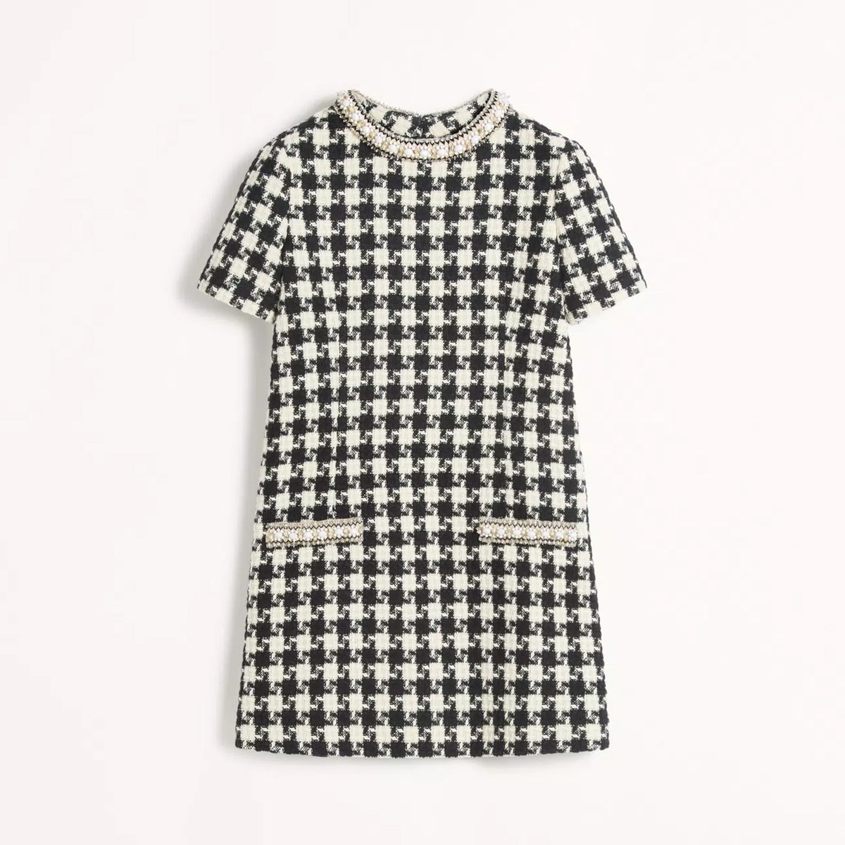 Valentino Women's Summer Embroidered Damir Light Tweed Rhinestone Round Neck Check Fitted Short Dresses Ngvp #9733